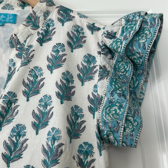 Darlington Isle Mixed Batik Prints Midi Dress Flutter Sleeves Abalone Buttons - Picture 5 of 9